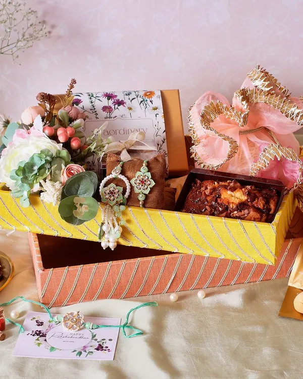 This Traditional Gota Tray Rakhi Hamper is not just about the treats inside, but the beautiful presentation that makes the gift feel truly special.