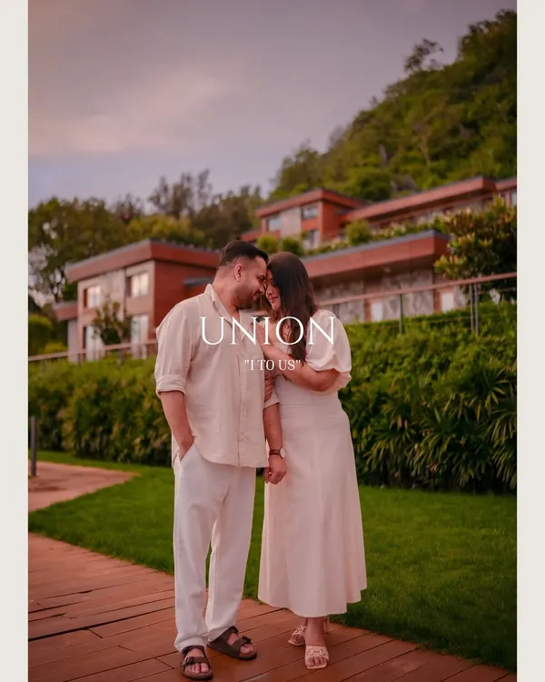 A romantic portrait of a couple at The Westin Himalayas in Rishikesh. This image sets the scene for a luxurious and serene proposal experience surrounded by nature.