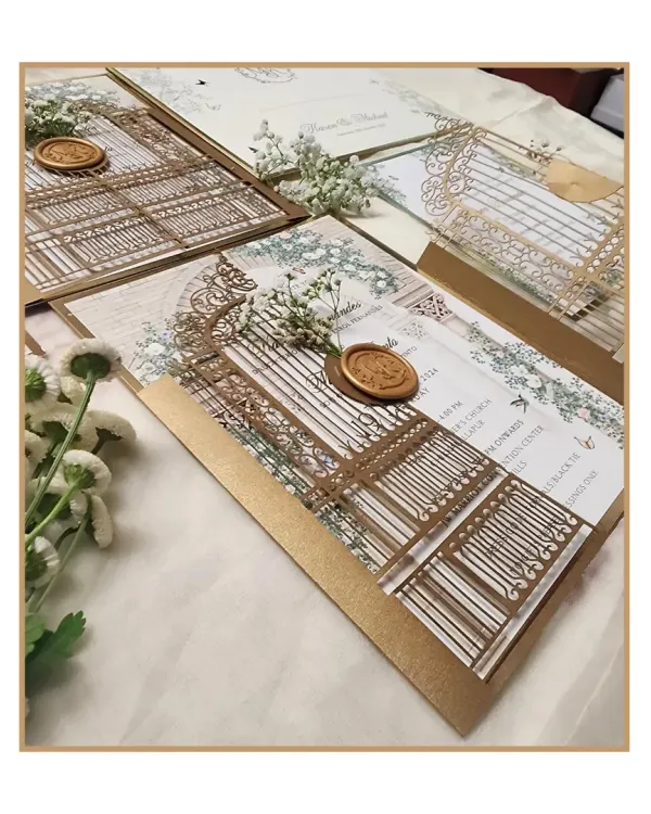 An enchanted fairytale wedding comes to life with this intricate laser-cut gatefold design. Finished with a custom wax seal, this physical invitation offers a tangible sense of magic and anticipation for the special day.