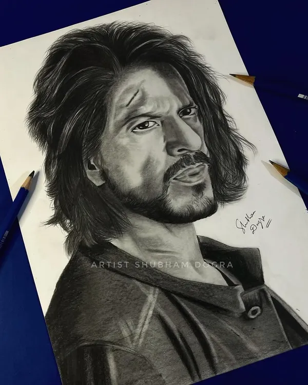 A pencil sketch of Shah Rukh Khan in his look from the movie "Pathaan." This portrait captures the intensity and rugged charm of the character.