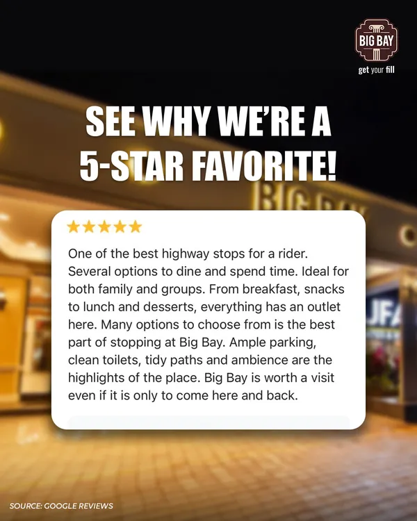 A 5-star review from a rider who calls us one of the best highway stops, praising our variety of food options, ample parking, and clean facilities.