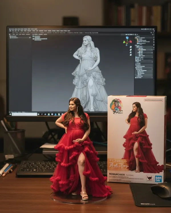 I transform your cherished photographs into stunning 3D figurines. This piece, created from a client's maternity shoot, captures the drama and beauty of her ruffled red gown. You can see the digital sculpture on the screen, the final figurine, and the custom collectible box it comes in.