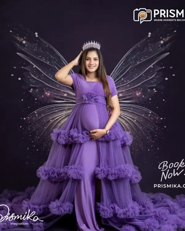 Feel like royalty during your maternity session. This portrait showcases our popular purple ruffled gown, paired with a delicate crown and magical fairy wings, to create an unforgettable, enchanting image of your pregnancy.