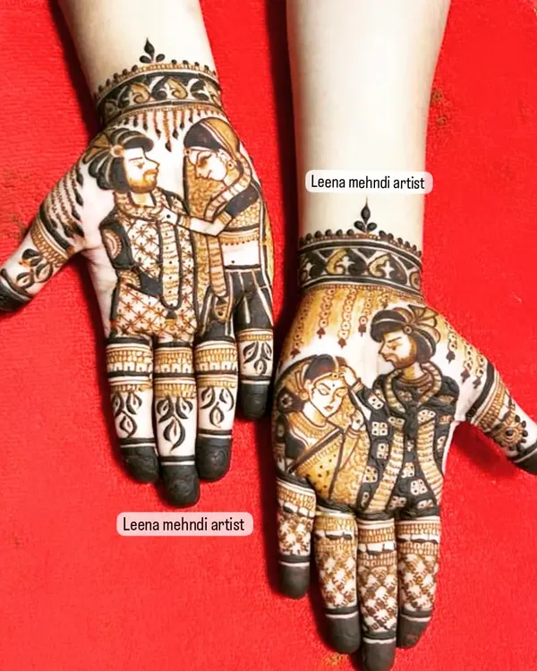 This is my specialty, bringing your story to life with portrait mehndi. Here, I've captured the beautiful sindoor and varmala ceremony moments, creating a design that is deeply personal and a cherished memory for the bride.