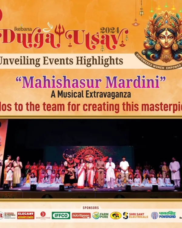 We were proud to choreograph and direct the 'Mahishasur Mardini' musical for the Ikebana Durga Utsav. This poster highlights the grand scale of the production.