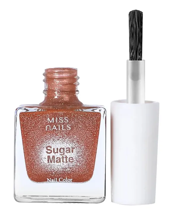 A high-resolution product shot of a "Sugar Matte" nail polish bottle with its applicator, isolated on a pure white background for a clean e-commerce look.
