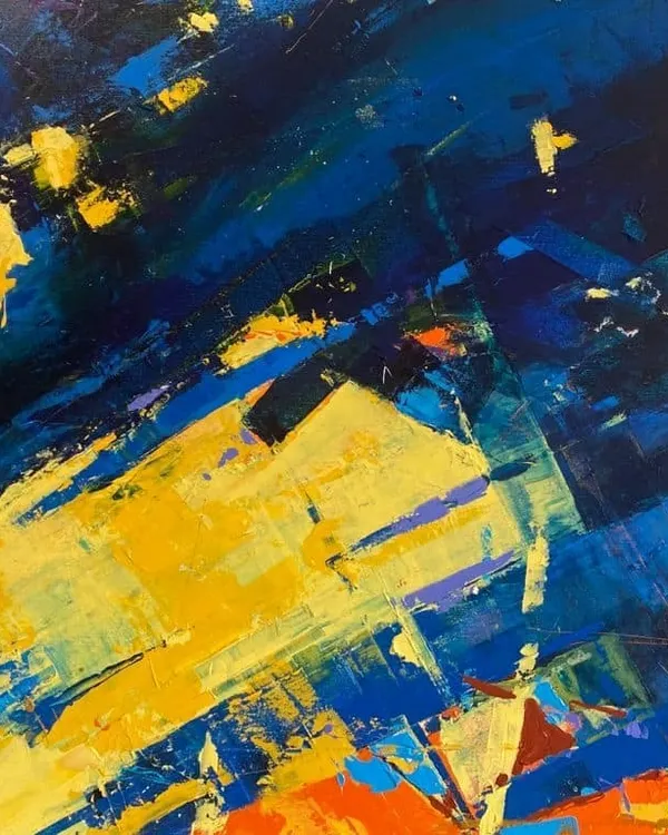 This abstract from my 'Confluence' series is all about the collision of energy. The vibrant yellows and deep blues clash and blend, creating a dynamic visual experience with thick, expressive palette knife work. This piece has been sold to a private collector.