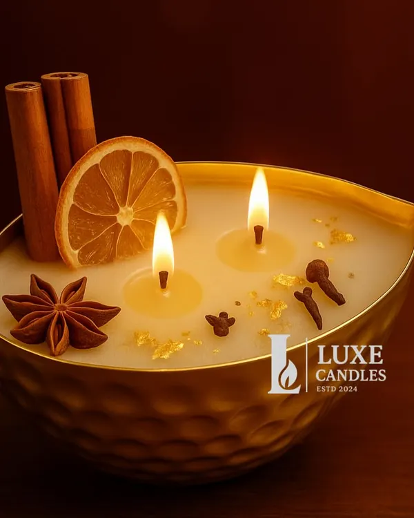 This is one of my signature creations, the Swaran Nauka candle. I hand-pour soy wax into a hammered metal bowl and adorn it with real cinnamon, star anise, dried orange, and a sprinkle of gold foil. It's perfect for adding a warm, elegant glow to festive occasions like Diwali or as a stunning centerpiece for any celebration.