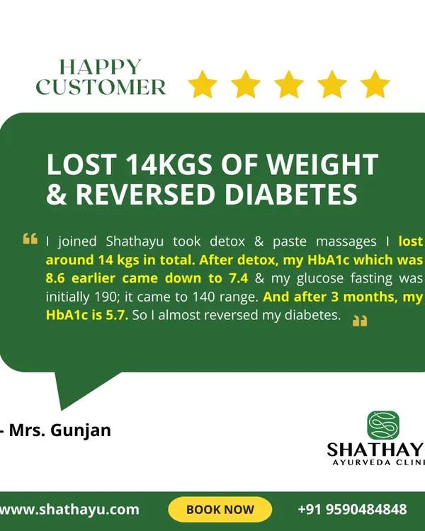 This testimonial highlights a significant patient achievement: losing 14 kgs and reversing diabetes through my personalized detox and massage programs. It shows how my approach can lead to measurable improvements in key health markers like HbA1c.