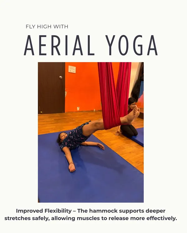 The hammock is your best partner for achieving deeper stretches. Here, a student uses it for support to safely release muscle tension and improve flexibility.