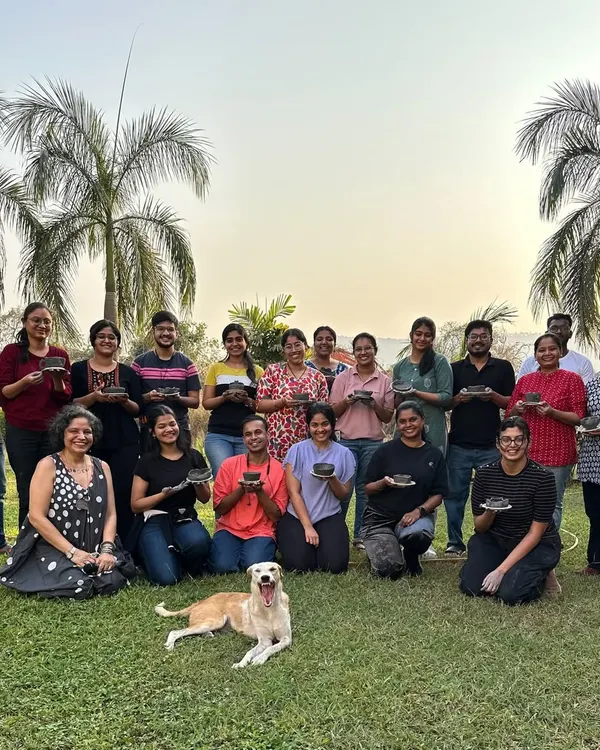 A wonderful group of research scholars from the Tata Memorial Centre, proudly displaying their first pottery creations after a mindful session outdoors. It was a joy to see them switch from microscopes to mud.