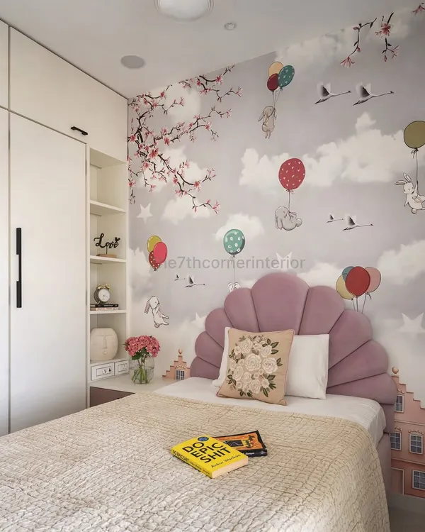 A close-up of this whimsical kids' room, highlighting the mauve, scallop-shaped velvet headboard and the charming custom wallpaper. The design is a beautiful blend of softness, whimsy, and functionality.