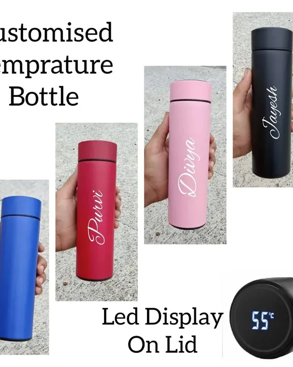 My customized temperature bottles are a modern and practical gift. This collage shows the available colors, the smart LED temperature display on the lid, and examples of elegant name engraving.