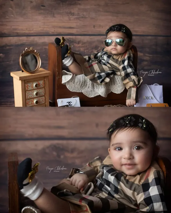Mini model, major attitude. This designer-themed shoot was so much fun to style! From the mini shopping bags to the cool shades, this little one completely owned the set.