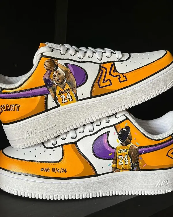 A tribute to the legend, Kobe Bryant. I painted these Nike AF1s with iconic imagery of Kobe in his Lakers jersey, complete with his number 24. These custom basketball sneakers are a piece of wearable history for any fan.