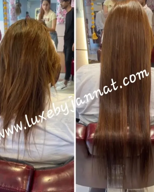This is the magic of hair extensions. On the left is the client's natural hair, and on the right is the result after I added length and volume using my 100% human hair extensions. The final look is seamless, healthy, and completely natural.