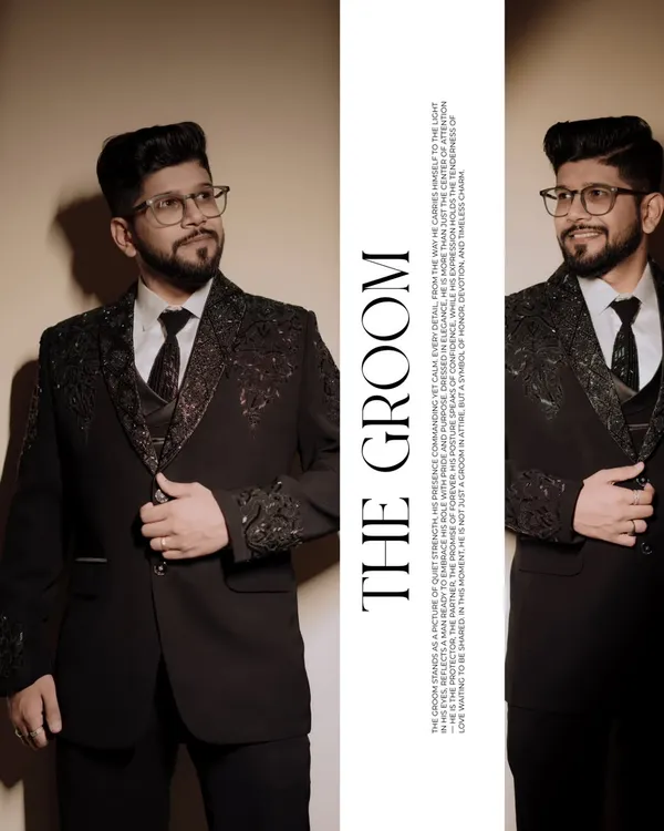 A strong and stylish portrait of the groom in a detailed black sherwani. This image highlights the elegance and confidence of the groom on his own.
