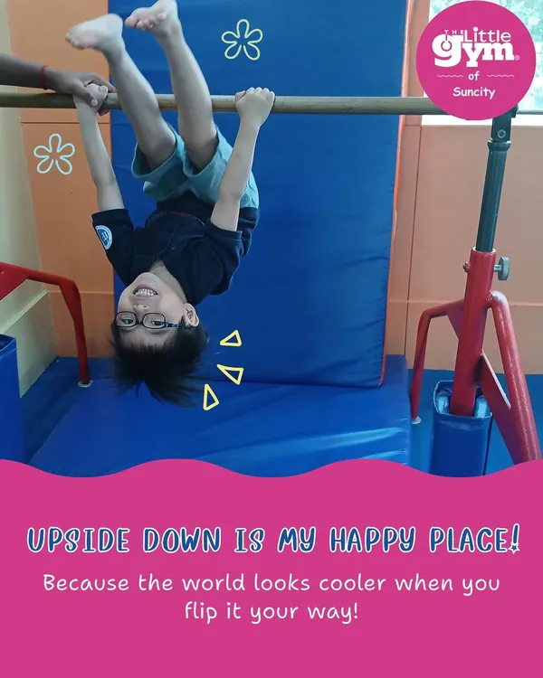 Upside down is a happy place. Our gym is set up to let kids safely explore movement from every angle, building confidence and a new perspective.