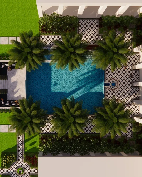 An aerial view of a formal, symmetrical pool design surrounded by palm trees and a lattice-patterned deck. This classic layout includes a small fountain and a covered seating area, creating a timeless and elegant backyard resort.