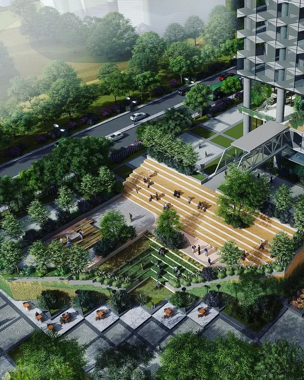 This aerial view of our Urban Ladder campus design in Hyderabad showcases our approach to master planning. We integrated a large, green amphitheater as a central public space, creating a social hub that connects the office tower to the urban fabric and fosters a sense of community.