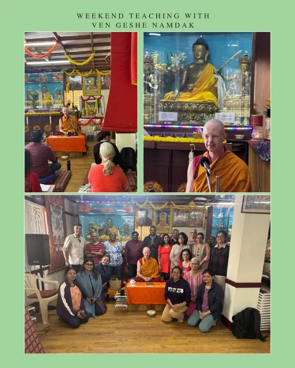 A weekend teaching with Venerable Geshe Tenzin Namdak. This collage captures the warm and engaging atmosphere of our in-person sessions, showing Geshe-la sharing his wisdom and our community gathered to learn about the nature of the mind and courageous compassion.