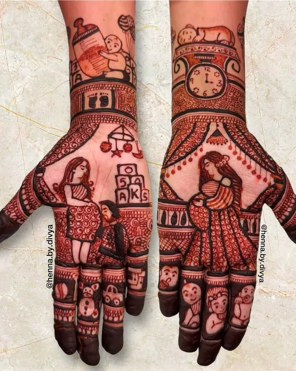 A detailed baby shower mehendi telling a complete story. This design includes portraits of the expectant mother, a baby in a cradle, a clock showing the birth time, and the baby's initials 'AKSH' on toy blocks.