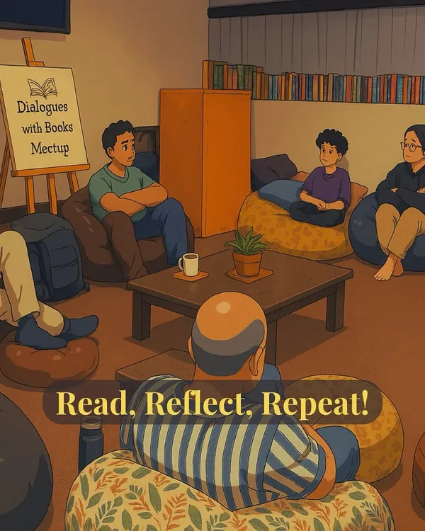 An illustration of our "Dialogues with Books" meetup, capturing the cozy and reflective atmosphere of our monthly book club.