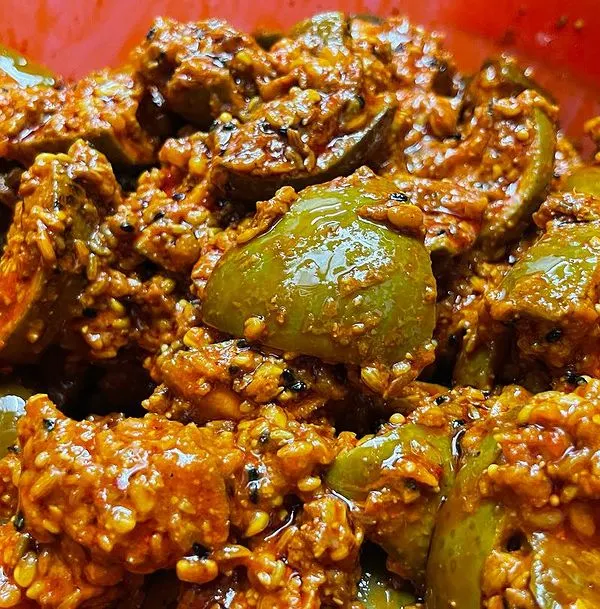 This is my classic Aam ka Achaar, made exactly the way my mother used to make it. You can see the rich texture of the masala clinging to the raw mango pieces. I use less oil but make sure the flavour is absolutely traditional and chatkaredar.