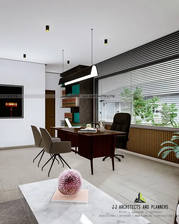 A 3D render of a home office we designed within a residential duplex. The concept was to create a professional, well-lit cabin that feels separate from the living areas, featuring ample storage and a clean, modern aesthetic.