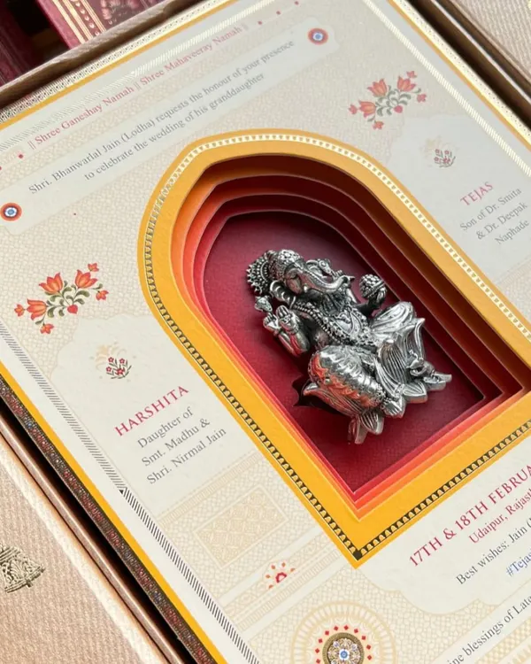 A stunning multi-layered invitation featuring a silver Ganesha idol. This piece, created for our clients by Uttara Shah, is a beautiful example of blending tradition with intricate design.