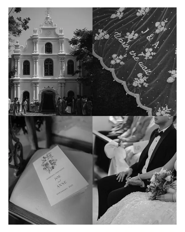 A collage of moments from a Christian wedding ceremony. It shows the grandeur of the church, the personalized veil, the wedding program, and the couple holding hands, telling the story of their sacred union.