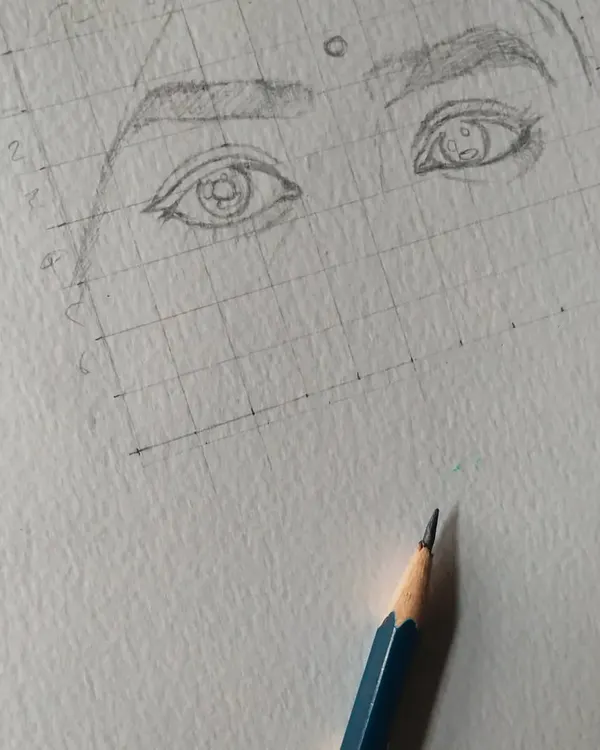 The first step in my process is often a light grid sketch. This helps me ensure all the facial features are correctly proportioned before I start adding any details or shading.