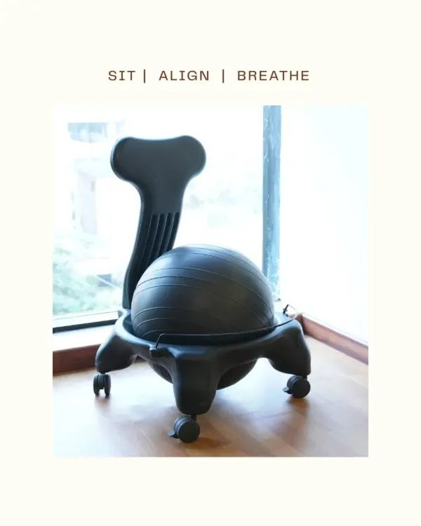 This is a glimpse of where the magic happens. The balance ball chair is a great tool for engaging the core and promoting good posture, even while sitting.
