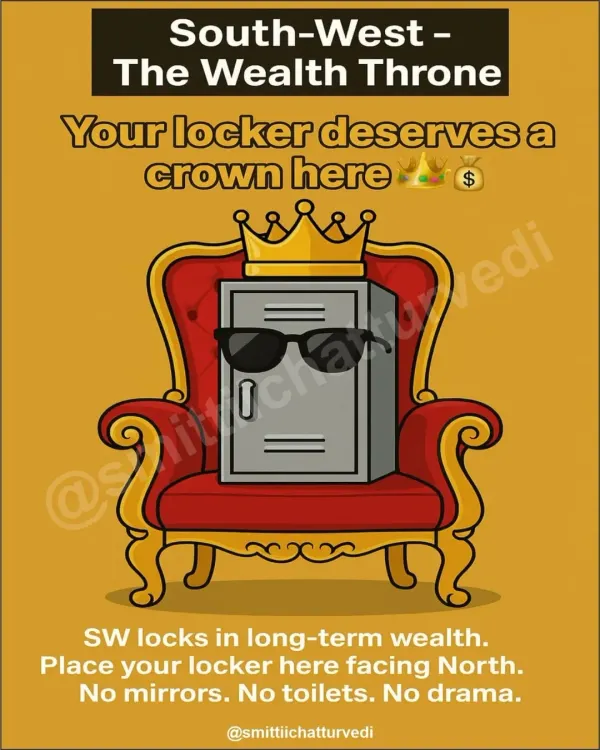 The South-West is the 'Wealth Throne' of your house. Placing your locker or safe here, facing North, helps lock in long-term wealth and stability. Make sure there are no toilets or mirrors in this zone.