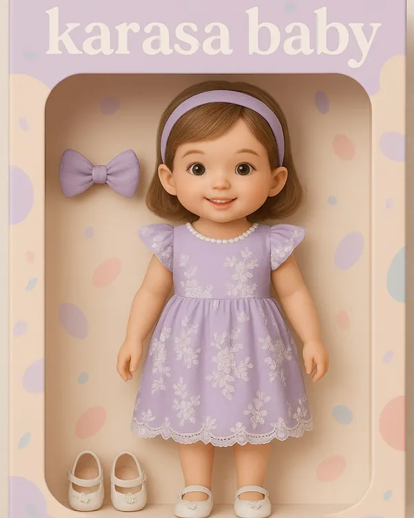 Imagine your baby as her own adorable toy, styled in a custom Karasa Baby outfit. This illustration shows our lilac "Arya" dress, reimagined as a collectible doll.