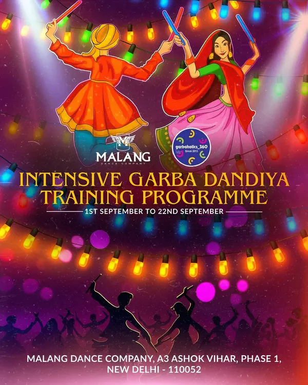 This vibrant poster announces our intensive Garba and Dandiya training program, a high-energy bootcamp designed to get you festival-ready. We collaborate with experts to teach authentic footwork, spins, and dandiya techniques.