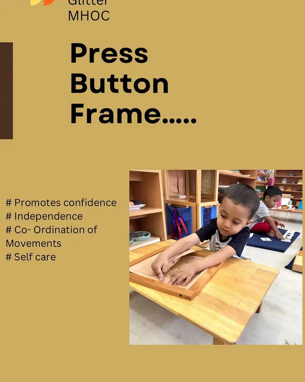 A child masters the press button frame, a practical life activity that develops fine motor skills, coordination, and independence in self-care.