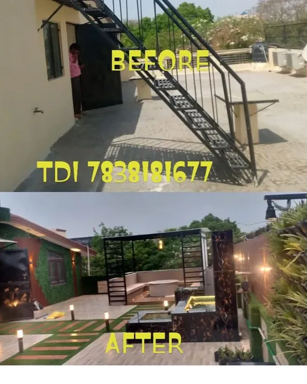A complete terrace makeover in Noida, Sector 41. I transformed this empty roof into a multi-zone space with a pergola, bar, fountain, and new tile work. The project cost of 7L included all design and execution.
