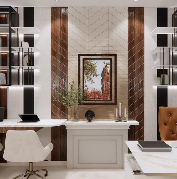 A home office in Mathura designed with a modern classic aesthetic. The room features a striking wall with alternating panels of wood and white, creating a visually interesting backdrop for the dual workstations.
