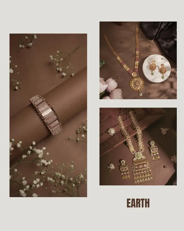Every shade tells a story. This 'Earth' themed collage showcases a collection of gold and rose gold jewelry against a warm, earthy-toned background, highlighting their rich and classic appeal.
