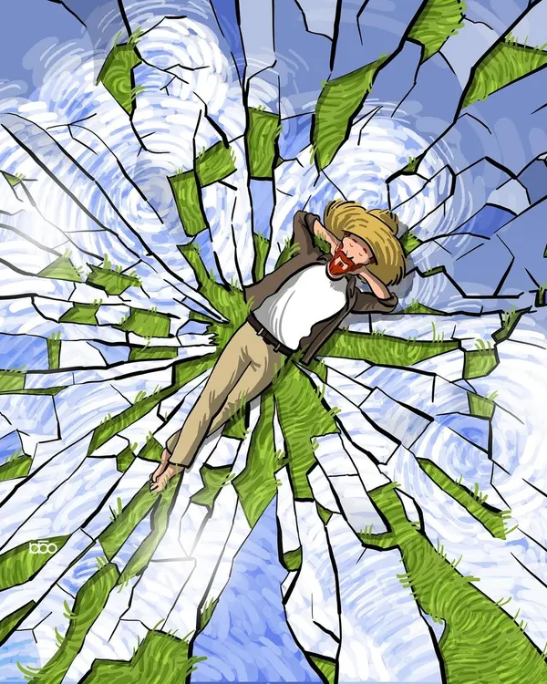 This piece is a visual representation of my motto: "I dance with my defeats." A figure lies on a shattered mirror that reflects a swirling sky and green grass, finding a place of rest and acceptance among the broken pieces.