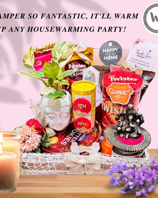 A hamper so fantastic, it'll warm up any housewarming party! This gift includes a Ganesha idol for blessings, a plant for new life, and delicious snacks to celebrate a new home.