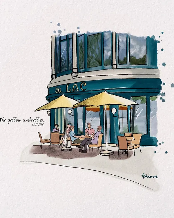 The yellow umbrellas of a charming European-style cafe. This urban sketch is a great example of a custom illustration I can make of your favorite local spot, perfect for a personal art print.
