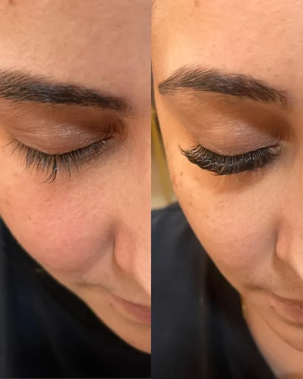 This is the magic of a classic lash extension set. On the left, you see the natural lashes, and on the right, the result after my work. I focus on creating a fuller, darker lash line that enhances your eyes without looking artificial.