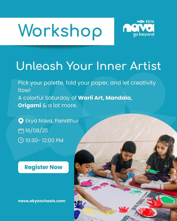 A workshop to unleash your inner artist. This poster shows young children joyfully collaborating on a large painting with their hands, perfectly capturing the messy, colorful, and creative spirit of my art sessions.