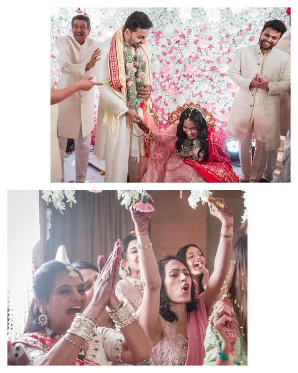 A collage of fun and emotional moments from a wedding ceremony, including the bride's family celebrating and a playful ritual.