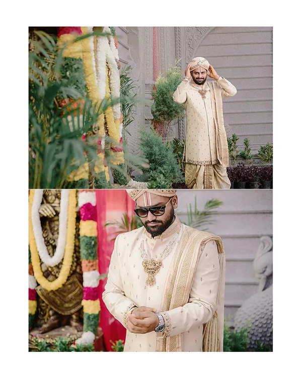A two-part look at the groom getting ready. The top panel shows him adjusting his custom turban, while the bottom shows the final look with the hand-embroidered sherwani, dhoti, and statement necklace.