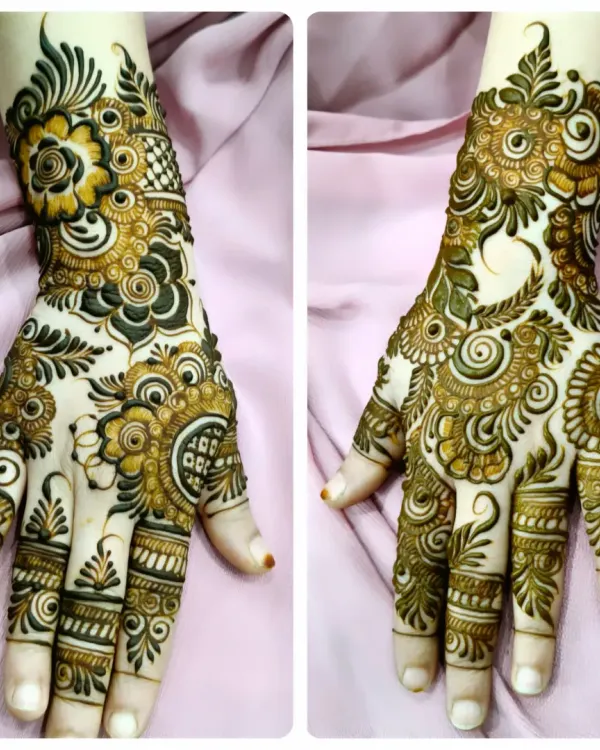 A split image showing a gorgeous floral design on the back of the hand. The pattern flows from the wrist to the index finger, a classic characteristic of Arabic henna style.