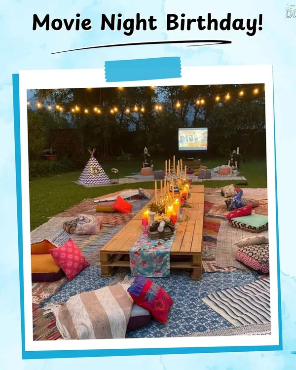 An outdoor movie night birthday setup with a twist of boho picnic style. Guests can relax on colorful rugs and cushions while enjoying a film under the stars.