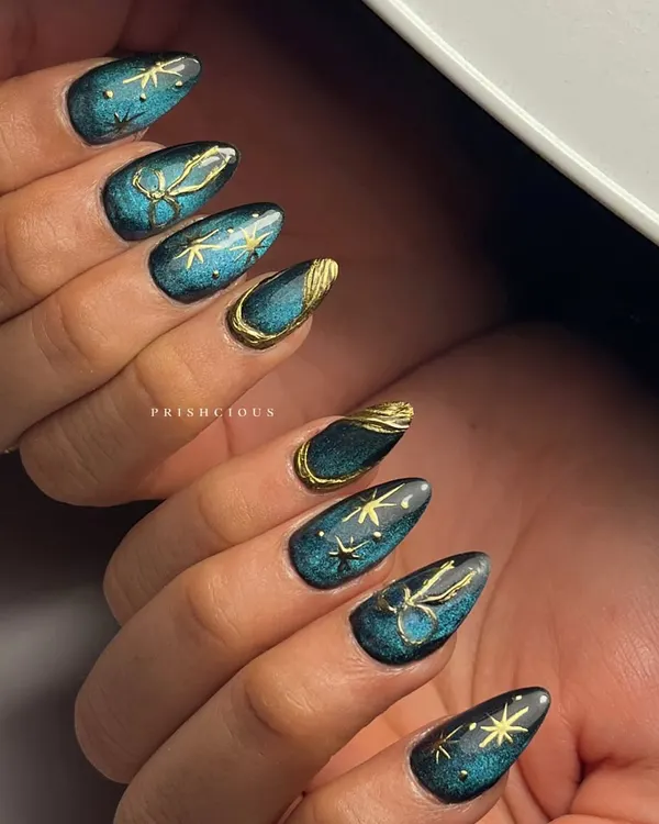 A stunning combination of a deep teal cat eye effect with delicate gold chrome art. This semi-gel extension set has a celestial, starry night vibe that I just love.